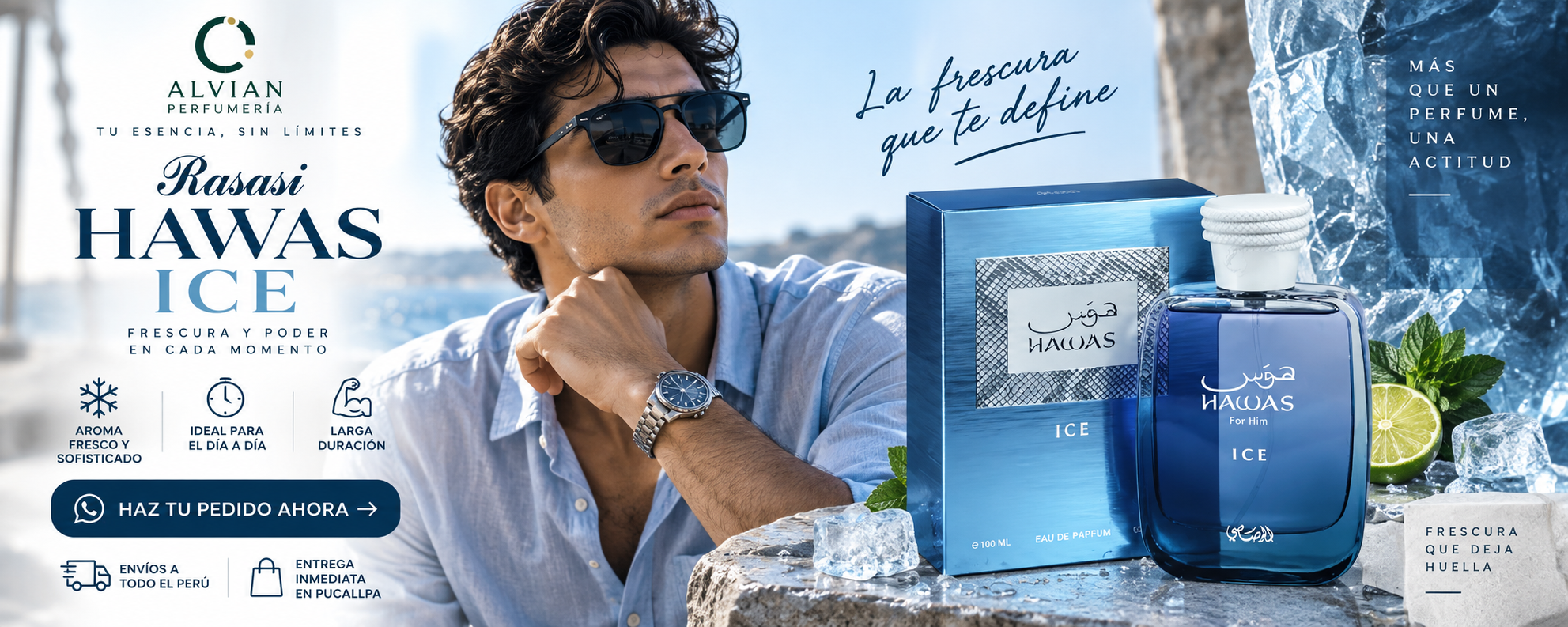 Perfume Rasasi Hawas Ice para hombre disponible en Alvian Perfumería con envíos a todo el Perú